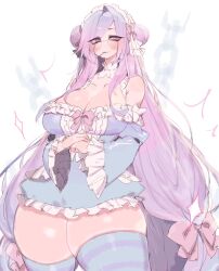 Rule 34 | 1girl, bare shoulders, blue thighhighs, blush, breasts, candy, cleavage, dress, food, frilled dress, frills, glasses, hair ribbon, headress, highres, huge breasts, lollipop, long hair, looking to the side, original, purple eyes, purple hair, ribbon, smile, thick thighs, thighhighs, thighs, usa37107692, very long hair, wide hips, zettai ryouiki