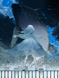 Rule 34 | 1girl, cityscape, cloud, cloudy sky, commentary, crescent moon, dress, fish, flying fish, flying whale, from behind, full body, glycan, hair ribbon, highres, hood, hood down, hooded dress, humpback whale, long hair, long sleeves, moon, original, outdoors, outstretched arms, ribbon, see-through, see-through dress, sky, sleeve cuffs, solo, standing, water, water drop, whale, white dress, white footwear, white hair, white ribbon