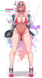 Rule 34 | 1girl, absurdres, arms behind back, artist name, azur lane, bikini, black choker, blue hair, blue jacket, breasts, bremerton (azur lane), character name, choker, cleavage, eagle union (emblem), full body, gluteal fold, heart, heart-shaped pupils, highres, holding, holding skateboard, huge breasts, jacket, light blue hair, long hair, looking at viewer, milkman29, mole, mole on breast, mole under eye, multicolored hair, navel piercing, one eye closed, piercing, pink bikini, pink eyes, pink footwear, pink hair, shiny skin, shoes, simple background, skateboard, sneakers, solo, standing, swimsuit, symbol-shaped pupils, thong bikini, tongue, tongue out, two-tone footwear, two-tone hair, white footwear, wide hips