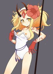 Rule 34 | 1girl, absurdres, blonde hair, blush, breasts, breasts out, fate/grand order, fate (series), flower, flower on head, hair ornament, highres, horns, ibaraki douji (fate), long hair, luke (b10a3123m), nipples, oni, pointy ears, servant (fate), solo, yellow eyes