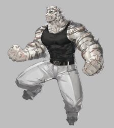 Rule 34 | 1boy, animal ears, arknights, bara, bare arms, belt, black belt, black tank top, blue eyes, clenched hands, clenched teeth, covered abs, eyebrow cut, facial hair, furry, furry male, goatee, highres, large hands, large pectorals, looking up, male focus, mature male, mountain (arknights), muscular, muscular male, neck fur, neumo, pants, pectorals, scar, scar across eye, scar on arm, shirt, short hair, sidepec, solo, tail, tank top, teeth, thick eyebrows, thighs, tiger boy, tiger ears, tiger tail, tight clothes, tight shirt, white hair, white pants
