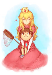 Rule 34 | 1boy, 1girl, animal crossing, blonde hair, butterfly net, crossover, crown, dress, elbow gloves, gloves, hand net, heart, long hair, mario (series), nintendo, pink dress, princess peach, red nose, sitting, sitting on lap, sitting on person, spoken heart, super smash bros., villager (animal crossing), vmat, white gloves