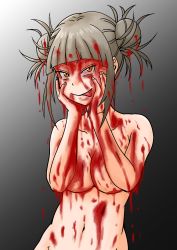 Rule 34 | 1girl, armpits, artist request, blonde hair, blood, blood on face, boku no hero academia, breasts, collarbone, completely nude, convenient arm, double bun, eyelashes, female focus, fingernails, gradient background, groin, hair bun, hands on own face, hands up, long hair, looking at viewer, medium breasts, messy hair, navel, neck, no bra, nude, out-of-frame censoring, sidelocks, simple background, smirk, standing, toga himiko, tongue, tongue out, topless, topless frame, unworn clothes, upper body, yandere, yandere trance, yellow eyes