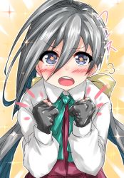Rule 34 | 1girl, ahoge, black gloves, blue eyes, gloves, grey hair, hair between eyes, halterneck, kantai collection, kiyoshimo (kancolle), looking at viewer, low twintails, nukoyarou, open mouth, partially fingerless gloves, shirt, solo, sparkle, star-shaped pupils, star (symbol), symbol-shaped pupils, twintails, upper body, white shirt, yellow background