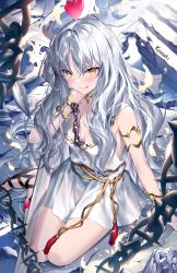 Rule 34 | 1girl, armlet, artist name, bare shoulders, black footwear, blush, bracelet, breasts, caren hortensia, caren hortensia (amor caren), caren hortensia (amor caren) (first ascension), chain, choker, cleavage, closed mouth, collarbone, dress, fate/grand order, fate/hollow ataraxia, fate (series), feathers, hand on own face, heart, highres, jewelry, kneeling, kousaki rui, long hair, looking at viewer, parted bangs, silver hair, sleeveless, sleeveless dress, small breasts, smile, solo, thighs, tongue, tongue out, wavy hair, white dress, yellow eyes