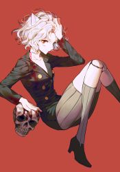 Rule 34 | 1girl, animal ears, black jacket, blood, blood on clothes, blood stain, cat ears, closed mouth, collarbone, doll joints, flat chest, from side, hunter x hunter, jacket, joints, knees together feet apart, looking at viewer, looking to the side, neferpitou, other focus, red background, ribbed legwear, short hair, simple background, skull, socks, solo, sukja