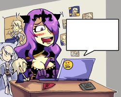 Rule 34 | 1girl, between breasts, blank speech bubble, blush, breasts, camilla (fire emblem), character doll, cleavage, computer, corrin (female) (fire emblem), corrin (fire emblem), corrin (male) (fire emblem), corrin (male) (fire emblem), dakimakura (object), drooling, fire emblem, fire emblem fates, hair over one eye, laptop, long hair, medium breasts, nintendo, pillow, pointy ears, poster (object), purple eyes, purple hair, setz, solo, speech bubble, strap between breasts, template