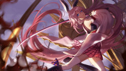 Rule 34 | 1girl, absurdly long hair, animal ears, bare shoulders, benghuai xueyuan, black footwear, blurry, boots, breasts, cross, cross-laced footwear, day, depth of field, detached sleeves, fox ears, from below, from side, hair between eyes, holding, holding sword, holding weapon, honkai (series), lace-up boots, light particles, long hair, long sleeves, looking at viewer, medium breasts, miniskirt, pink hair, plaid, plaid skirt, planted, shade, skirt, sky, solo, sougishi ego, standing, standing on one leg, striped, sword, thighhighs, unsheathed, very long hair, weapon, white thighhighs, wide sleeves, yae sakura (benghuai xueyuan)