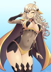 Rule 34 | 1girl, absurdres, ahoge, arm up, blonde hair, bodystocking, breasts, bridal gauntlets, cape, covered navel, fire emblem, fire emblem fates, grey eyes, highres, jarckius, long hair, looking at viewer, medium breasts, nintendo, one eye closed, ophelia (fire emblem), panties, thighhighs, thighs, tongue, tongue out, underwear, upper body