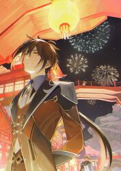 Rule 34 | 1girl, 3boys, aerial fireworks, aether (genshin impact), antenna hair, architecture, arms behind back, brown hair, brown vest, closed mouth, coat, collared shirt, east asian architecture, eyeliner, fireworks, firidus, gem, genshin impact, hair between eyes, highres, low ponytail, multiple boys, necktie, night, night sky, orange eyes, orange hair, paimon (genshin impact), red eyeliner, shirt, short hair with long locks, sky, smile, standing, tartaglia (genshin impact), vest, white necktie, wing collar, zhongli (genshin impact)