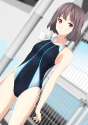 Rule 34 | 1girl, absurdres, black one-piece swimsuit, blurry, breasts, brown hair, commentary request, competition swimsuit, cowboy shot, depth of field, dutch angle, gate, highres, looking at viewer, one-piece swimsuit, original, parted lips, red eyes, short hair, small breasts, solo, unworn swim cap, swimsuit, takafumi