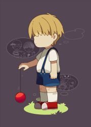 Rule 34 | 0mzum1, 1boy, blonde hair, blue shorts, character request, closed mouth, commentary request, frown, grass, grey background, hair over eyes, hand up, highres, king (mother 2), male focus, mother (game), mother 2, ness (mother 2), nintendo, picky minch, porky minch, red footwear, shirt, shoes, short hair, short sleeves, shorts, simple background, socks, solo, suspender shorts, suspenders, t-shirt, white shirt, white socks, yo-yo