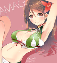 Rule 34 | 10s, 1girl, amagi (kancolle), armpits, arms behind head, bad id, bad pixiv id, bare shoulders, breasts, brown eyes, brown hair, cleavage cutout, clothing cutout, female focus, flower, flower on head, hair between eyes, hair flower, hair ornament, highres, kantai collection, large breasts, long hair, looking at viewer, lying, midriff, on back, rei no himo, skindentation, smile, solo, stomach, tebi (tbd11)