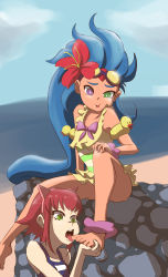 Rule 34 | 2girls, animal ears, annie (league of legends), bad id, bad pixiv id, barefoot, blue hair, blue sky, breasts, day, fake animal ears, feet, flower, flower on head, frilled skirt, frilled swimsuit, frills, goggles, goggles on head, green eyes, hair flower, hair ornament, hairband, hands on feet, heterochromia, highres, league of legends, licking, licking foot, long hair, multiple girls, nipples, open mouth, pool party zoe, purple eyes, red hair, rubber duck, short hair, sitting, skirt, sky, small breasts, smile, swimsuit, tan, tanline, tears, toes, tongue, tongue out, very long hair, yuri, zoe (league of legends)