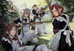 Rule 34 | 6+girls, aiming, animal ears, apron, armband, artist name, bag, blood, blood stain, braid, braided bun, brown hair, collar, crying, crying with eyes open, cuffs, dress, earrings, feiqizi (fkey), female focus, fence, fkey, flag, flower, frills, glasses, gun, gun sling, hair between eyes, hair bun, hair ornament, hairclip, injury, jewelry, kneehighs, kneeling, loafers, long hair, long sleeves, looking at viewer, looking back, lying, maid, maid apron, maid headdress, multiple girls, musket, neckerchief, necktie, on back, original, outdoors, ponytail, red eyes, red hair, rose, sash, satchel, shadow, shoes, silver hair, sleeve cuffs, sling (weapon), socks, stained clothes, standing, tears, weapon, wince, worried