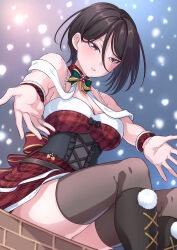 Rule 34 | 1girl, back bow, bang dream!, bare shoulders, black bow, black footwear, black hair, blurry, blurry background, blurry foreground, boots, bow, bowtie, breasts, brown thighhighs, cleavage, commentary request, cross-laced clothes, detached collar, dress, dress bow, feet out of frame, frills, from below, gem, green bow, green bowtie, hair behind ear, hair between eyes, highres, kitayu, knee boots, large breasts, light blush, light smile, long bangs, looking at viewer, looking down, night, open hand, outdoors, outstretched arms, parted lips, pearl (gemstone), pink eyes, plaid, plaid dress, pom pom (clothes), reaching, reaching towards viewer, red bow, red dress, ribbon, santa dress, short dress, short hair, sitting, sleeveless, sleeveless dress, snowing, solo, thighhighs, thighhighs under boots, underbust, white ribbon, wrist cuffs, yashio rui