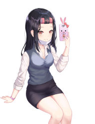 Rule 34 | 1girl, arm support, black hair, black skirt, blush, breasts, brown eyes, cellphone, check copyright, cleavage, closed mouth, collarbone, collared shirt, coma (light825), copyright request, hair ornament, highres, holding, holding phone, invisible chair, long hair, long sleeves, looking at viewer, mask, mask (joshiraku), mask pull, medium breasts, mouth mask, original, pencil skirt, phone, shirt, simple background, sitting, skirt, smile, solo, striped, white background, white shirt
