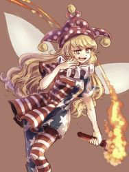 Rule 34 | 1girl, american flag dress, american flag legwear, blonde hair, brown background, clownpiece, dress, fairy, fairy wings, hat, jester cap, long hair, namuko, neck ruff, open mouth, pantyhose, polka dot, short dress, simple background, solo, star (symbol), striped clothes, striped pantyhose, torch, touhou, wings, yellow eyes