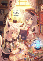 Rule 34 | 2girls, animal ears, black gloves, blue eyes, blush, book, book stack, bookshelf, cabbie hat, closed mouth, cropped jacket, curtains, day, feather hair ornament, feathers, fingerless gloves, fox ears, fox girl, fox tail, german text, glasses, globe, gloves, grey hair, hair between eyes, hair ornament, hand on own cheek, hand on own face, hat, head rest, highres, holding, holding book, indoors, lamp, long hair, looking at viewer, milestone celebration, misaki yuu, multiple girls, open book, original, quill, round eyewear, sidelocks, smile, tail, white hair, window, writing, yellow eyes