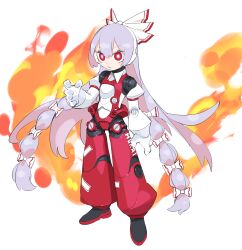 Rule 34 | 1girl, absurdres, bow, bright pupils, cheri zao, closed mouth, fire, fujiwara no mokou, full body, grey hair, hair between eyes, hair bow, highres, joints, long hair, mechanization, red eyes, robot girl, robot joints, simple background, solo, touhou, white background, white bow, white pupils