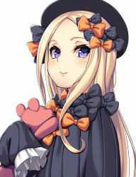 Rule 34 | 1girl, abigail williams (fate), black bow, black hat, blonde hair, blush, bow, closed mouth, fate (series), fedora, forehead, frilled sleeves, frills, hair bow, hands in opposite sleeves, hat, highres, holding, holding stuffed toy, long hair, long sleeves, orange bow, parted bangs, polka dot, polka dot bow, purple eyes, rope, smile, solo, straight hair, stuffed animal, stuffed toy, takanashi-a, teddy bear, upper body, very long hair