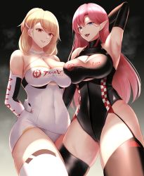 Rule 34 | 2girls, :d, absurdres, arm behind head, arm up, armpits, azur lane, bare shoulders, black legwear, black leotard, black sleeves, black vs white, blonde hair, blue eyes, blush, breasts, cleavage, collarbone, commentary request, covered navel, cowboy shot, criss-cross halter, detached sleeves, duke of york (azur lane), duke of york (prestige of the glorious formula) (azur lane), female focus, gloves, hair between eyes, hair ornament, hairclip, halterneck, highleg, highleg leotard, highres, large breasts, leotard, long hair, looking at viewer, multiple girls, open mouth, parted bangs, parted lips, pink hair, pointy ears, prince of wales (azur lane), prince of wales (the laureate&#039;s victory lap) (azur lane), race queen, red eyes, revision, sidelocks, skindentation, sleeveless, smile, standing, sweat, swept bangs, tanpaku-chan, teeth, thighhighs, upper teeth only, white gloves, white legwear, white leotard