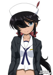 Rule 34 | 10s, 1girl, black coat, black eyes, black hair, blouse, blue neckerchief, bow, closed mouth, coat, commentary, dark-skinned female, dark skin, dated, dixie cup hat, flipper, girls und panzer, hair bow, hair over one eye, hat, hat feather, long hair, long sleeves, looking at viewer, midriff, military hat, navel, neckerchief, ogin (girls und panzer), one-hour drawing challenge, ooarai naval school uniform, open clothes, open coat, ponytail, red bow, sailor, sailor collar, school uniform, shirt, simple background, smile, solo, standing, twitter username, upper body, white background, white hat, white shirt
