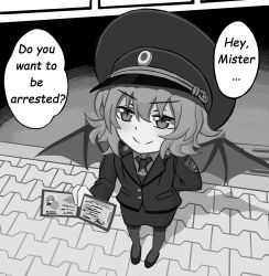 1girl bat_wings blush comic_sans commentary duhota english_commentary english_text fumo_(doll) hat highres holding meme monochrome necktie outdoors pantyhose police police_badge police_hat police_uniform policewoman remilia_scarlet shirt solo speech_bubble touhou wings