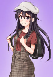 Rule 34 | 1girl, akatsuki (kancolle), alternate costume, anti (untea9), black bag, brown overalls, commentary request, gradient background, hair between eyes, hat, highres, ichininmae no lady, kantai collection, long hair, looking at viewer, overalls, plaid, purple background, purple eyes, purple hair, red shirt, shirt, simple background, smile, solo, t-shirt, white hat