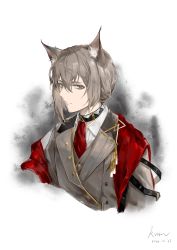 Rule 34 | 1boy, absurdres, animal ear fluff, animal ears, arknights, black choker, black jacket, cat ears, choker, cropped torso, dated, grey hair, hair between eyes, highres, jacket, kongwuming, looking at viewer, male focus, official alternate costume, phantom (arknights), phantom (dream within a dreammare) (arknights), shirt, short hair, signature, solo, upper body, white background, white shirt, yellow eyes