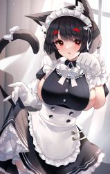 Rule 34 | 1girl, absurdres, animal ear fluff, animal ears, apron, azur lane, black hair, black shirt, black skirt, bow, bowtie, breasts, cat ears, cat tail, clothes lift, commentary request, curtains, frilled apron, frilled skirt, frills, gloves, hair bow, hand up, highres, indoors, large breasts, lifting own clothes, looking at viewer, maid, maid headdress, mismatched eyebrows, open mouth, red eyes, shirt, short hair, sideboob, skirt, skirt lift, solo, standing, tail, tail bow, tail ornament, thighhighs, waist apron, white apron, white bow, white bowtie, white gloves, white thighhighs, window, yamaha tsui, yamashiro (azur lane)