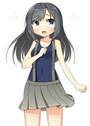 Rule 34 | 10s, 1girl, :o, asashio (kancolle), bad id, bad pixiv id, black hair, blue eyes, blush, collarbone, covered navel, cowboy shot, flying sweatdrops, kankitsunabe (citrus), kantai collection, long hair, nose blush, pleated skirt, skirt, solo, suspenders, swimsuit, swimsuit under clothes, white background