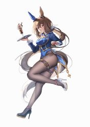 Rule 34 | 1girl, absurdres, admire vega (umamusume), alternate costume, animal ears, ankle strap, asymmetrical footwear, black footwear, black pantyhose, blue leotard, blue sleeves, bodice, bow, bowtie, breasts, brown hair, capelet, center opening, chan hone pkpk, commentary, eyelashes, gold trim, hair between eyes, high heels, highleg, highleg leotard, highres, holding, holding tray, horse ears, horse girl, horse tail, knee up, leotard, lips, long hair, long sleeves, looking at viewer, low ponytail, medium hair, nontraditional playboy bunny, pantyhose, parfait, pointy nose, red eyes, shaded face, simple background, solo, sweatdrop, tail, thigh strap, tray, umamusume, uneven footwear, white background, white bow, white bowtie, white footwear, zipper