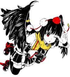 Rule 34 | 1girl, ;o, bad id, bad twitter id, bird wings, black hair, black ribbon, black skirt, black thighhighs, black wings, black wristband, bright pupils, buckle, camera, facing away, feathered wings, feathers, flying, frilled skirt, frills, full body, geta, hair between eyes, hat, holding, holding camera, knees together feet apart, looking afar, looking away, mary janes, miniskirt, one eye closed, open mouth, outline, pleated skirt, pom pom (clothes), puffy short sleeves, puffy sleeves, red eyes, red footwear, red hat, ribbon, ribbon-trimmed clothes, ribbon-trimmed shirt, ribbon trim, scarf, shameimaru aya, shiori (moechin), shirt, shoes, short hair, short sleeves, simple background, skirt, solo, straight hair, tareme, tengu-geta, thighhighs, tokin hat, touhou, triangle mouth, white background, white shirt, wings, wristband, yellow scarf, zettai ryouiki