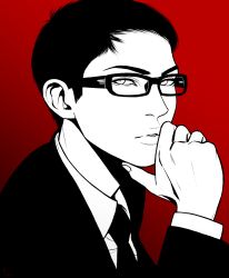 Rule 34 | 1boy, chris re5, formal, glasses, gradient background, hand on own chin, highres, male focus, monochrome, necktie, original, red background, self-portrait, solo, suit, upper body