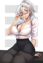 Rule 34 | 1girl, adjusting eyewear, aged up, alternate breast size, arm behind back, bespectacled, black-framed eyewear, black bra, black pantyhose, black skirt, blue eyes, blush, bra, breasts, cleavage, commentary, english commentary, glasses, hair between eyes, high ponytail, lainart, large breasts, looking at viewer, narrow waist, office lady, pantyhose, pencil skirt, rwby, semi-rimless eyewear, shirt, shirt tucked in, side slit, silver hair, simple background, single sidelock, sitting, skindentation, skirt, sleeves rolled up, solo, thick thighs, thighband pantyhose, thighs, under-rim eyewear, underwear, white shirt, winter schnee
