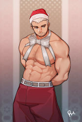 Rule 34 | 1boy, abs, absurdres, bara, belt, black eyes, blurry, blurry background, body hair, bound, bound wrists, chest hair, christmas, cowboy shot, facial hair, gift wrapping, hat, highres, large pectorals, looking away, male focus, muscular, muscular male, navel, navel hair, nipples, open mouth, original, pants, pectorals, peterhl, red pants, santa costume, santa hat, topless male, short hair, solo, stubble, white hair