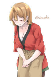 Rule 34 | 1girl, alternate costume, breasts, cleavage, collarbone, cowboy shot, closed eyes, hair between eyes, happi, highres, japanese clothes, kantai collection, light brown hair, medium breasts, oboro (kancolle), one-hour drawing challenge, parted lips, short hair, simple background, smile, solo, takomeshi, twitter username, white background