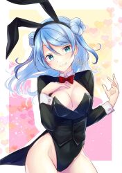 Rule 34 | 1girl, alternate costume, alto2019, animal ears, bare legs, black jacket, black leotard, blue eyes, blue hair, bow, bowtie, breasts, cleavage, commentary request, contrapposto, cowboy shot, detached collar, double bun, hair bun, hat, highres, jacket, kantai collection, leotard, medium breasts, one-hour drawing challenge, playboy bunny, rabbit ears, rabbit tail, red bow, red bowtie, sailor hat, solo, tail, tuxedo jacket, urakaze (kancolle), wrist cuffs