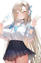 Rule 34 | 1girl, asuna (blue archive), black choker, blue archive, blue skirt, blush, bow, bowtie, breasts, button gap, choker, cleavage, collared shirt, hair between eyes, hair ribbon, hand fan, highres, holding, holding fan, huge breasts, light brown hair, long hair, nidaime (doronbo), pleated skirt, ribbon, scrunchie, shirt, simple background, skirt, solo, v, very long hair, white background, white shirt, wrist scrunchie