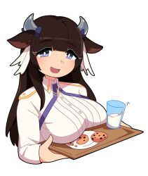 Rule 34 | 1girl, absurdres, animal ears, azur lane, breasts, brown hair, chocolate chip cookie, cookie, cow ears, cow horns, food, highres, holding, holding tray, horns, kashino (azur lane), large breasts, long hair, looking at viewer, military uniform, milk, pancake-hime, plate, purple eyes, tray, uniform, upper body, white background