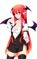 Rule 34 | 1girl, akimatsu, bat wings, black thighhighs, blouse, blush, breasts, cleavage, clothes lift, demon tail, dress shirt, gradient hair, hair between eyes, head wings, highres, koakuma, licking lips, long hair, long sleeves, looking at viewer, miniskirt, multicolored hair, naughty face, open clothes, open shirt, puffy long sleeves, puffy sleeves, red eyes, red hair, shirt, simple background, skirt, skirt lift, skirt set, smile, solo, tail, thighhighs, tongue, tongue out, touhou, very long hair, vest, white background, wings, zettai ryouiki