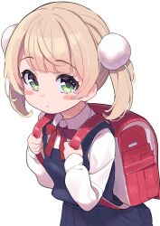 Rule 34 | 1girl, :o, absurdres, backpack, bag, blonde hair, blue dress, blush stickers, bow, bowtie, check commentary, child, commentary request, dress, expressionless, flat chest, green eyes, hair ornament, highres, holding strap, indie virtual youtuber, long sleeves, looking at viewer, medium hair, pleated skirt, pom pom (clothes), pom pom hair ornament, randoseru, red bag, red bow, red bowtie, shigure ui (vtuber), shigure ui (vtuber) (young), shirt, skirt, solo, sutora binsuke, twintails, virtual youtuber, white background, white shirt