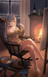 Rule 34 | 1girl, ahoge, animal, bad anatomy, bare legs, bare shoulders, barefoot, black cat, black choker, blurry, bottle, bow, breasts, brown sweater, bucket, canvas (object), cat, chair, choker, cleavage, closed mouth, collarbone, crossed legs, depth of field, dress, earrings, artistic error, expressionless, feet, fireplace, grey hair, hair bow, half updo, hand up, highres, indoors, jewelry, kettle, lkeris, long hair, long sleeves, looking at viewer, medium breasts, off-shoulder sweater, off shoulder, original, palette (object), playing with own hair, red eyes, reversed feet, reversed foot, rocking chair, sidelocks, sitting, solo, sweater, sweater dress, thighs, wine bottle, wrong foot