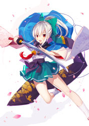 Rule 34 | 1girl, :d, absurdres, atori, black bow, black footwear, blush, bow, commentary request, green bow, green skirt, hair between eyes, hair bow, high ponytail, highres, holding, holding sword, holding weapon, japanese clothes, katana, kimono, long sleeves, open mouth, original, petals, pleated skirt, ponytail, red eyes, sandals, short kimono, sidelocks, silver hair, skirt, smile, socks, solo, sword, tabi, v-shaped eyebrows, weapon, white kimono, white socks, wide sleeves, zouri