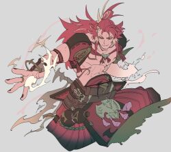 Rule 34 | 1boy, b exjo2, belt, blonde hair, clenched hand, closed mouth, fang, fire, gourd, granblue fantasy, grey background, long hair, looking at viewer, male focus, multicolored hair, muscular, muscular male, outstretched arm, red eyes, red hair, smile, solo, wilnas (granblue fantasy)