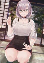 Rule 34 | 1girl, black choker, black skirt, braid, breasts, choker, cleavage, commentary request, cross-laced clothes, cross-laced sleeves, glasses, green eyes, highres, hololive, indoors, kuroame (kurinohana), large breasts, off-shoulder sweater, off shoulder, plaid, plaid skirt, seiza, semi-rimless eyewear, shirogane noel, shirogane noel (casual), short hair, silver hair, sitting, skirt, smile, solo, strap, sweater, thick thighs, thighs, virtual youtuber, watch, white sweater, wristwatch