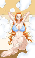 Rule 34 | 1girl, absurdres, artist name, barefoot, bath, bathing, bathroom, bikini, bikini top only, black background, character name, copyright name, feet, feet together, feet up, female focus, highres, nami (one piece), nude, one piece, orange hair, redosukan, shy, smile, solo, swimsuit, toes