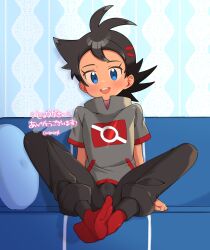 Rule 34 | 1boy, :d, absurdres, arm support, black hair, blue eyes, blush, chibaqen, commentary request, couch, creatures (company), eyelashes, game freak, goh (pokemon), grey shirt, highres, indoors, looking at viewer, male focus, medium hair, nintendo, open mouth, pants, pokemon, pokemon (anime), pokemon journeys, red socks, shirt, short sleeves, signature, sitting, smile, socks, solo, teeth, tongue, translation request, upper teeth only