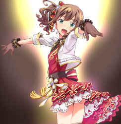 Rule 34 | 1girl, absurdres, blush, brown hair, commentary request, cropped jacket, earrings, gloves, green eyes, hair ribbon, hands up, highres, idolmaster, idolmaster cinderella girls, jacket, jewelry, looking at viewer, open mouth, outstretched arms, ribbon, shibuya rin, solo, star (symbol), star earrings, suzuki24, teeth, tongue, upper teeth only, white jacket